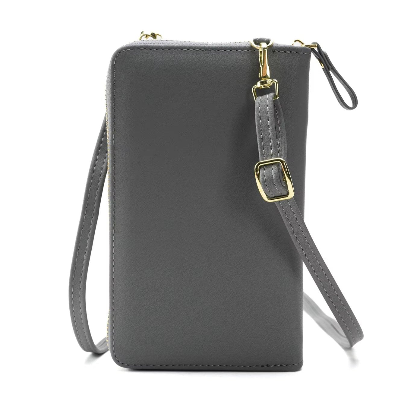Borsa a tracolla in pelle grigia con cerniera dorata, design elegante e compatto, ideale per donna. Accessorio moda versatile e chic.