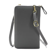 Borsa a tracolla in pelle grigia con cerniera dorata, design elegante e compatto, ideale per donna. Accessorio moda versatile e chic.