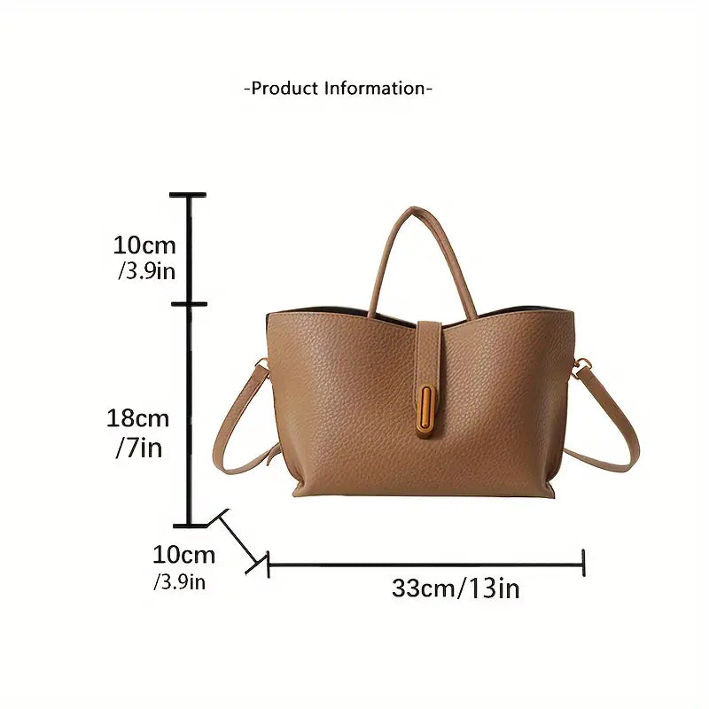 Borsa a mano in pelle marrone, dimensioni 33x18x10 cm, con manici e tracolla regolabile. Elegante e spaziosa, ideale per ogni occasione.