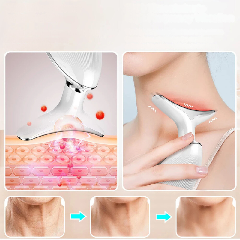 Dispositivo massaggiatore viso e collo, anti-età, con tecnologia a vibrazione e calore, per rassodare la pelle e ridurre le rughe.
