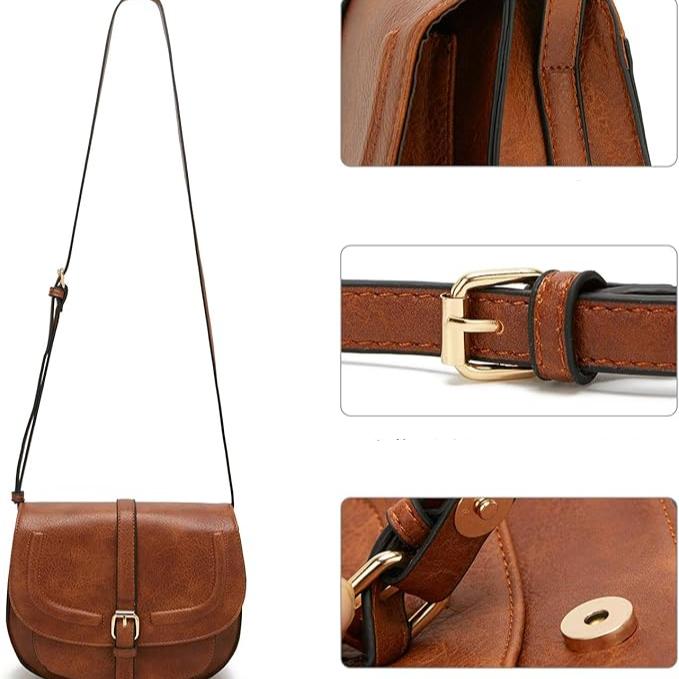 Borsa a tracolla in pelle marrone con fibbia dorata, design elegante e dettagli raffinati. Accessorio moda donna, perfetto per ogni occasione.