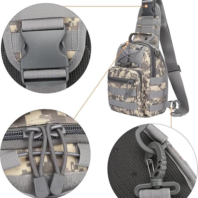 Zaino monospalla mimetico militare, tasche multiple, fibbia regolabile, cerniere resistenti, gancio robusto, ideale per escursioni e outdoor.