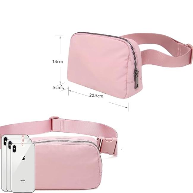 Marsupio rosa in nylon impermeabile, dimensioni 20,5x14x5 cm, con cerniera e cintura regolabile. Ideale per smartphone e accessori.