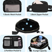 Marsupio nero multifunzione con tasche: tasca a rete elastica, tasche divisorie, tasca posteriore con zip, grande capacità. Ideale per viaggi e sport.
