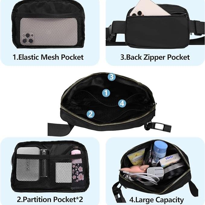 Marsupio nero multifunzione con tasche: tasca a rete elastica, tasche divisorie, tasca posteriore con zip, grande capacità. Ideale per viaggi e sport.