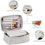 Borsa trucco multifunzione beige con scomparti interni, tasca trasparente per accessori, facile da pulire, borsa staccabile, ideale per cosmetici.