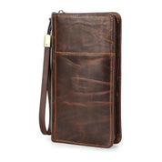 Portafoglio uomo in pelle marrone con cerniera, design elegante e tasca frontale, ideale per carte e contanti. Accessorio moda di alta qualità.
