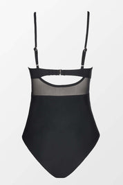 Costume intero nero con spalline regolabili, dettaglio in rete trasparente sul retro. Elegante e moderno, perfetto per la moda mare estiva.