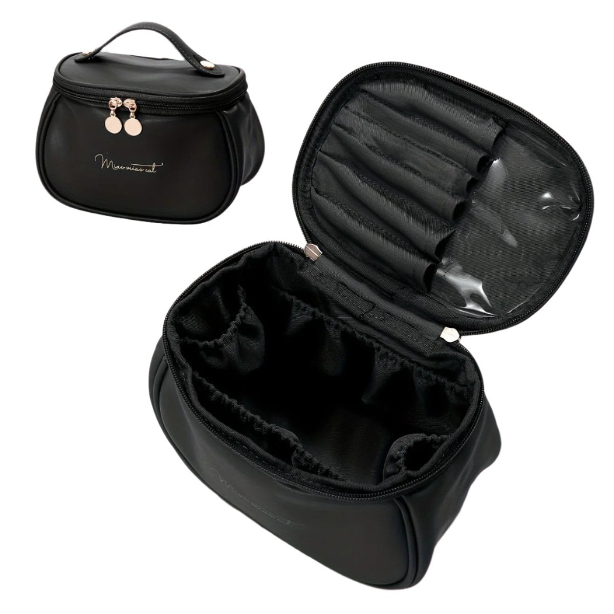 Borsa cosmetica nera elegante con scomparti interni, chiusura a zip e manico superiore. Ideale per organizzare trucchi e accessori da viaggio.