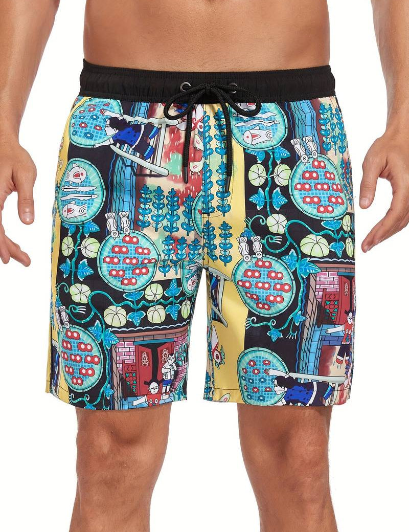 Pantaloncini da bagno uomo con stampa colorata, motivo fumetto giapponese, elastico in vita, laccio regolabile, ideale per spiaggia e piscina.