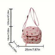 Zainetto rosa con stampa floreale, dimensioni 20x18x10 cm, tracolla regolabile 120 cm. Perfetto per moda casual e accessori donna.