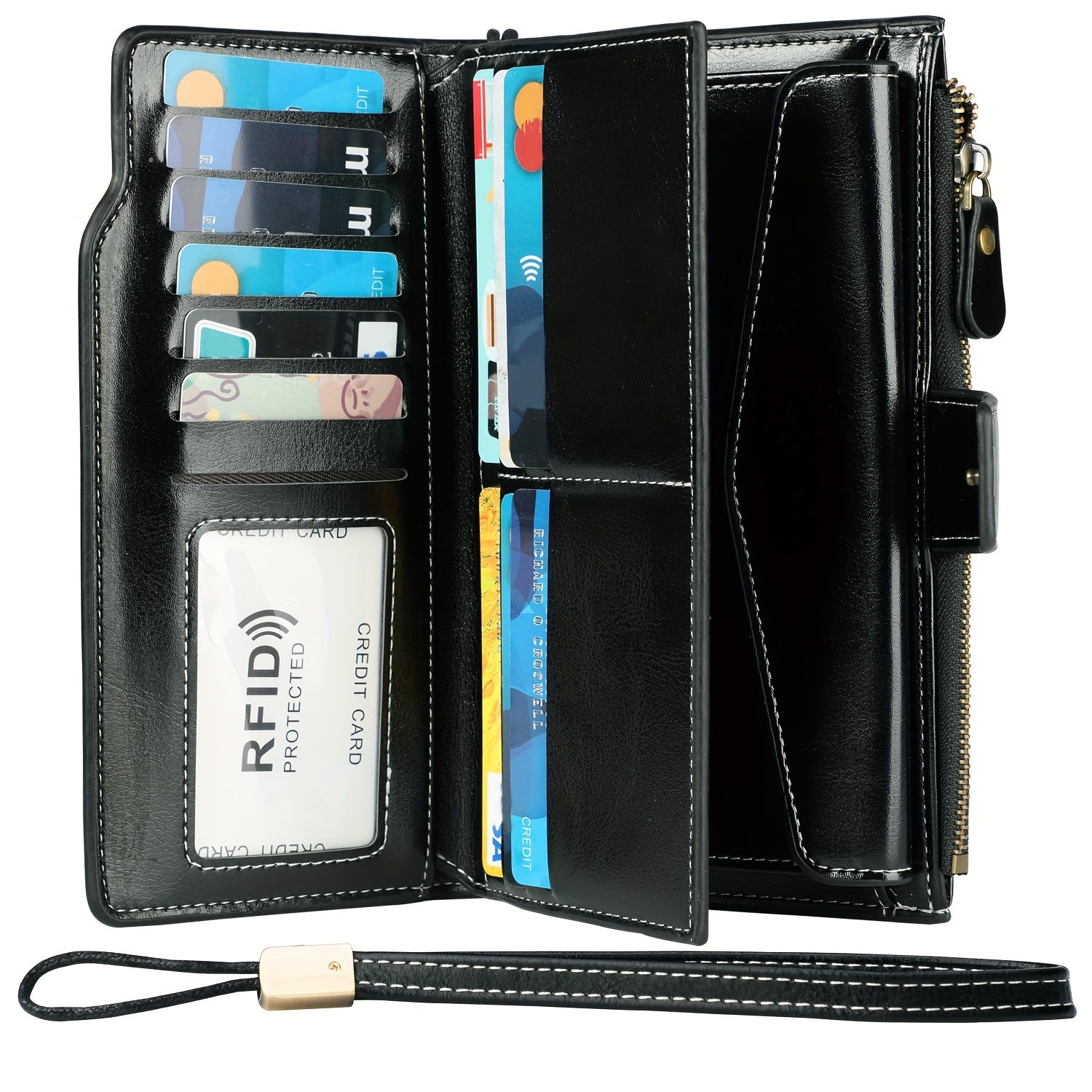 Portafoglio donna in pelle nera con protezione RFID, scomparti per carte di credito, tasca con zip, cinturino da polso. Elegante e sicuro.