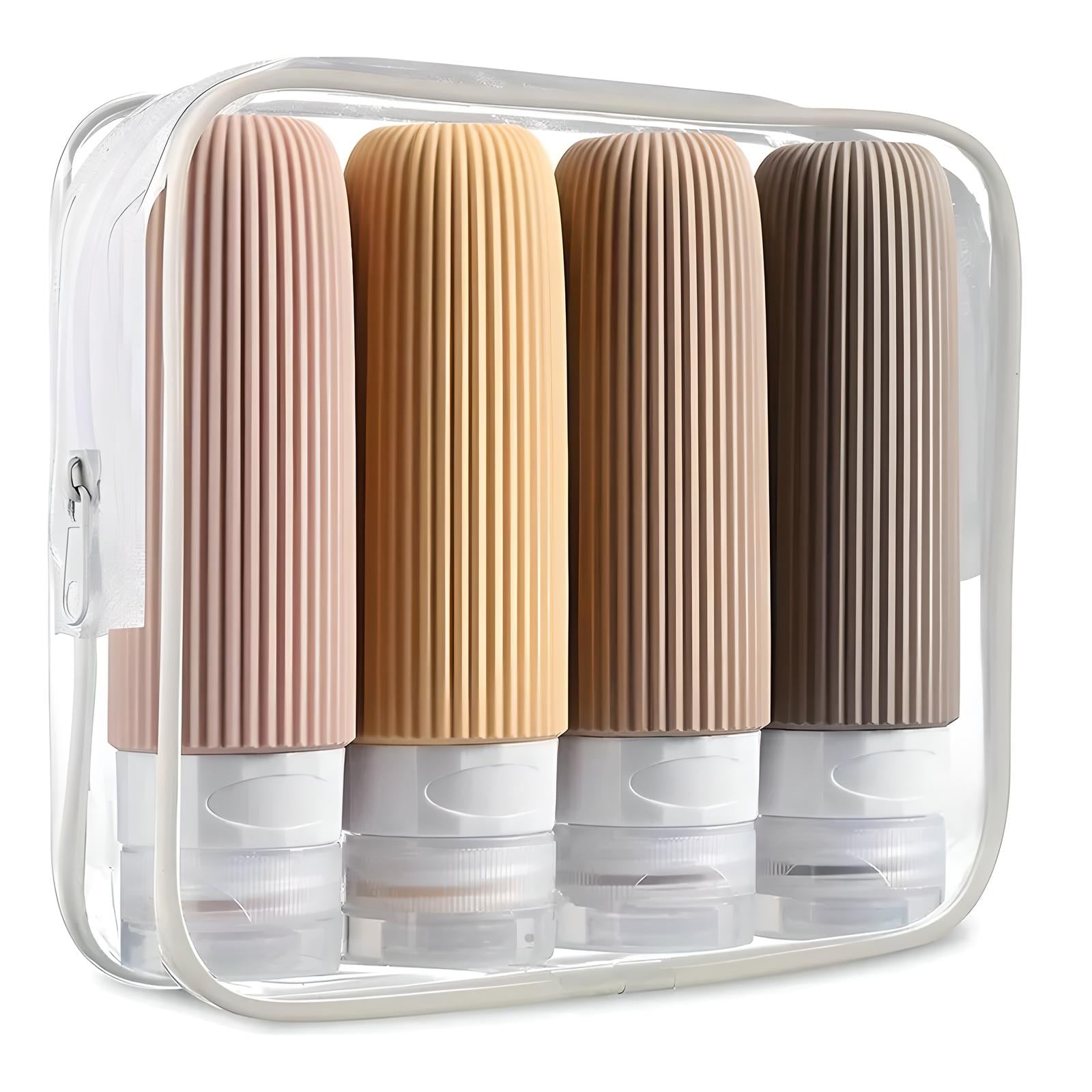 Set di flaconi da viaggio in silicone colorati, riutilizzabili, con custodia trasparente. Ideali per shampoo, lozioni, conformi alle norme di sicurezza aerea.