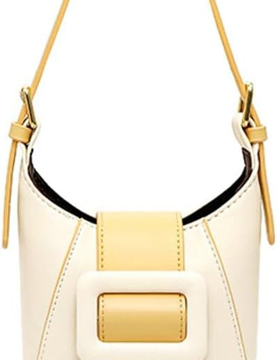 Borsa a secchiello in pelle bianca e gialla con fibbia decorativa, tracolla regolabile. Design elegante e moderno, accessorio moda donna.