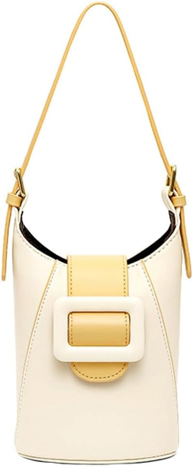Borsa a secchiello in pelle bianca e gialla con fibbia decorativa, tracolla regolabile. Design elegante e moderno, accessorio moda donna.