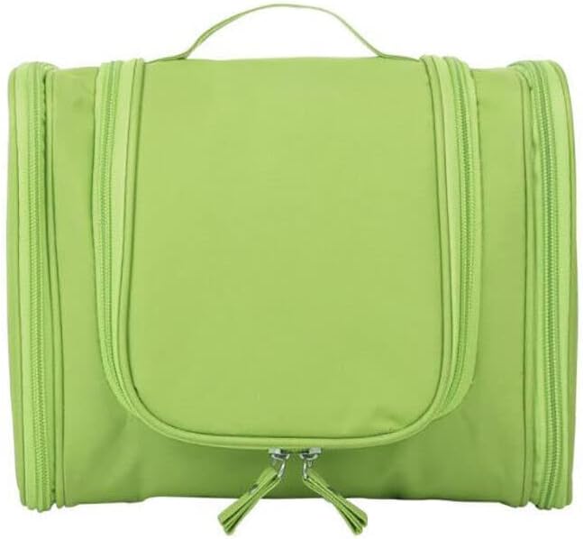 Borsa da viaggio verde, organizer da bagno con zip, manico superiore, ideale per cosmetici e accessori, design compatto e portatile.