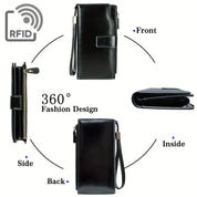 Portafoglio in pelle nero con protezione RFID, design a 360 gradi, chiusura a zip, cinturino da polso, tasche multiple, elegante e funzionale.