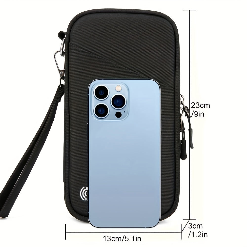 Custodia nera per smartphone con cinturino, dimensioni 23x13x3 cm, adatta per iPhone 13 Pro Max. Design elegante e pratico per protezione e trasporto.