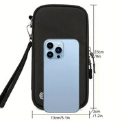 Custodia nera per smartphone con cinturino, dimensioni 23x13x3 cm, adatta per iPhone 13 Pro Max. Design elegante e pratico per protezione e trasporto.