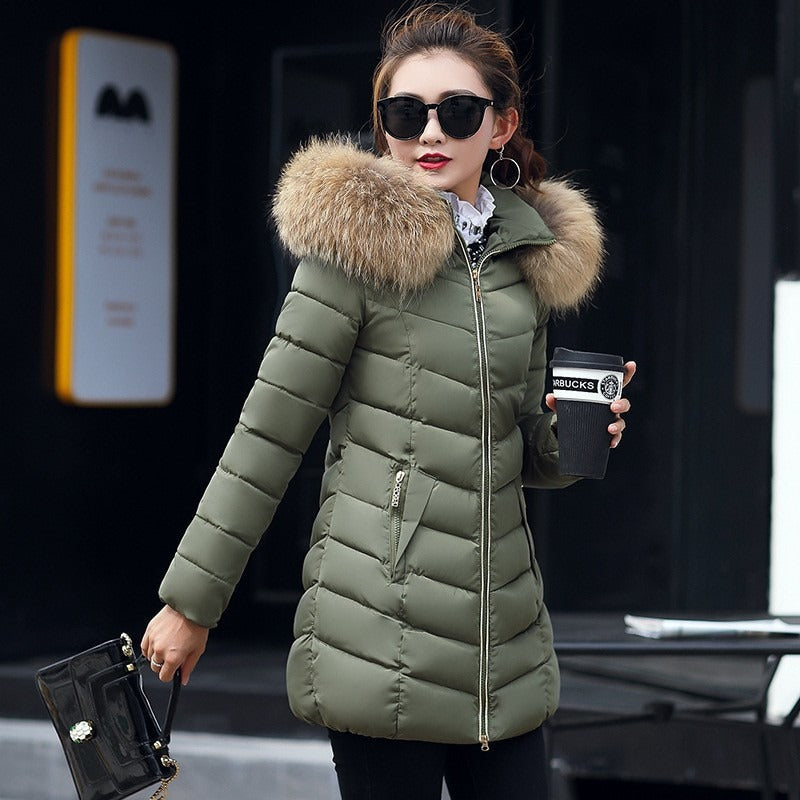 Maria | Women's glossy quilted jacket with faux fur hood