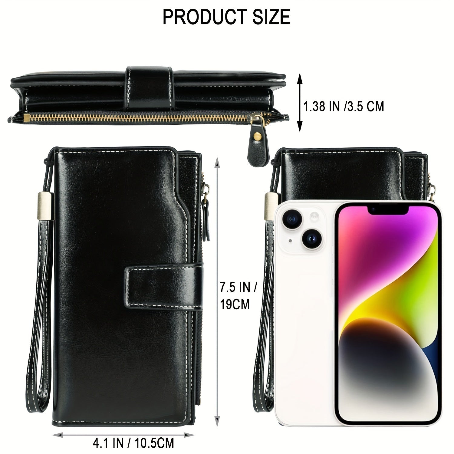 Portafoglio nero in pelle con cerniera dorata, tasca per smartphone, cinturino da polso. Dimensioni: 19x10.5x3.5 cm. Accessorio elegante e funzionale.