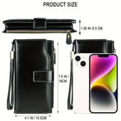 Portafoglio nero in pelle con cerniera dorata, tasca per smartphone, cinturino da polso. Dimensioni: 19x10.5x3.5 cm. Accessorio elegante e funzionale.