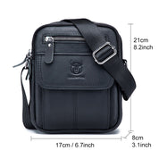 Borsa a tracolla in pelle nera, dimensioni 21x17x8 cm, con tasche multiple e cerniere, ideale per uomo, stile casual ed elegante.