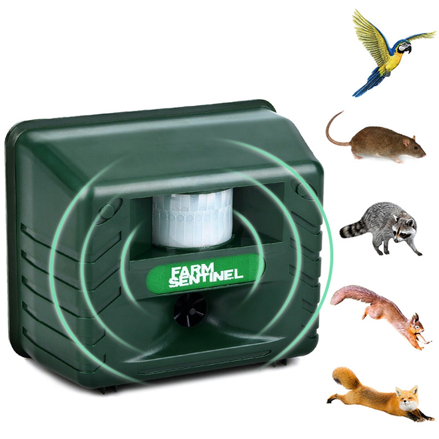 Dispositivo repellente ad ultrasuoni verde per animali, con immagini di uccello, topo, procione, scoiattolo e volpe. Protezione giardino efficace.