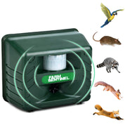 Dispositivo repellente ad ultrasuoni verde per animali, con immagini di uccello, topo, procione, scoiattolo e volpe. Protezione giardino efficace.