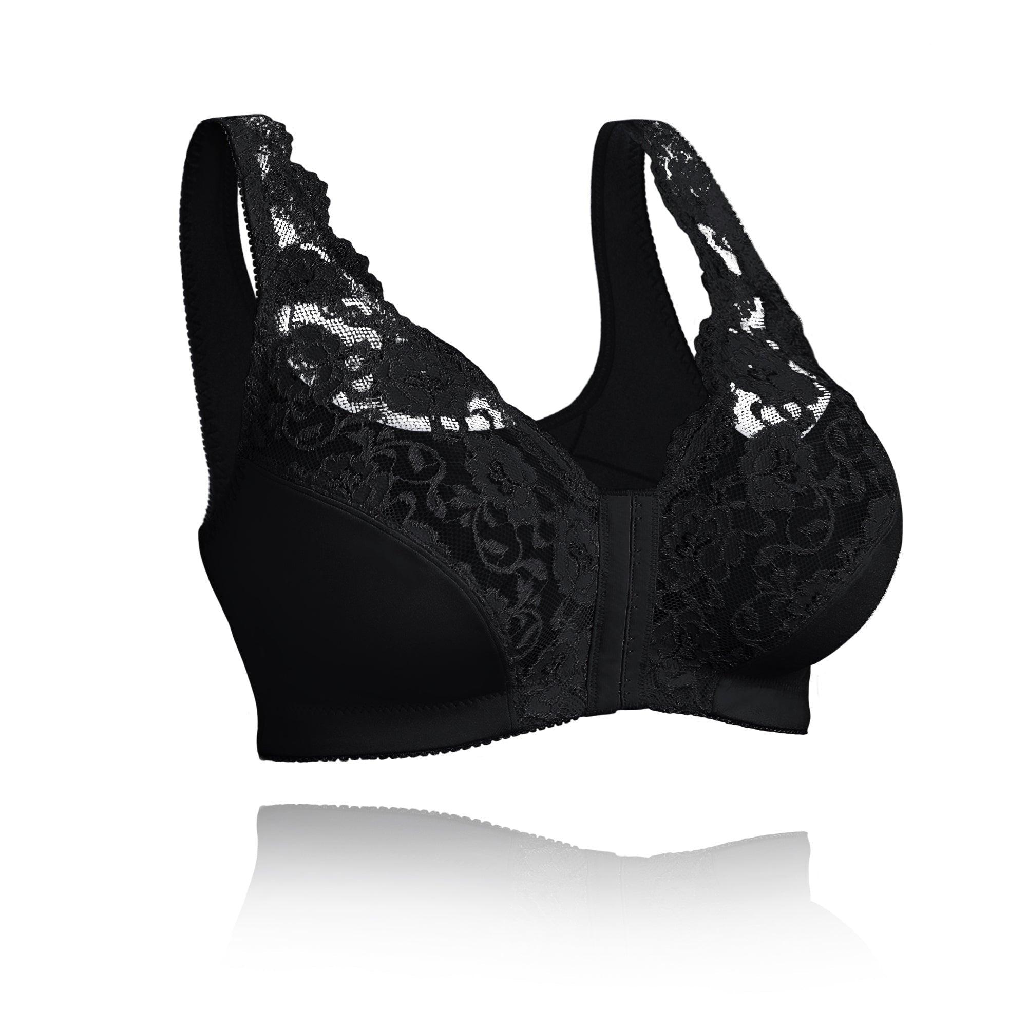 Reggiseno nero in pizzo con chiusura frontale, design senza ferretto, supporto confortevole, ideale per taglie forti. Lingerie elegante e funzionale.