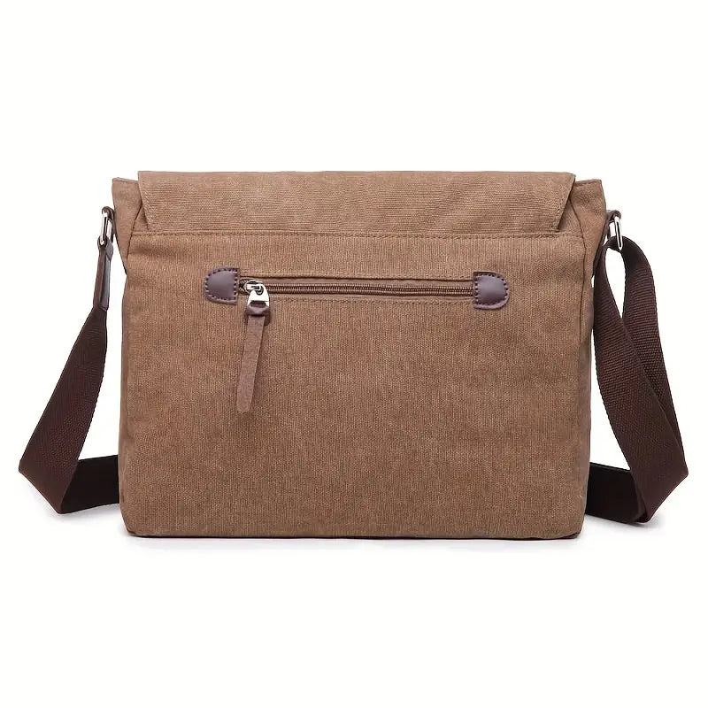 Borsa a tracolla in tela marrone con cerniera frontale, design elegante e pratico, ideale per uomo e donna. Accessorio moda versatile e resistente.