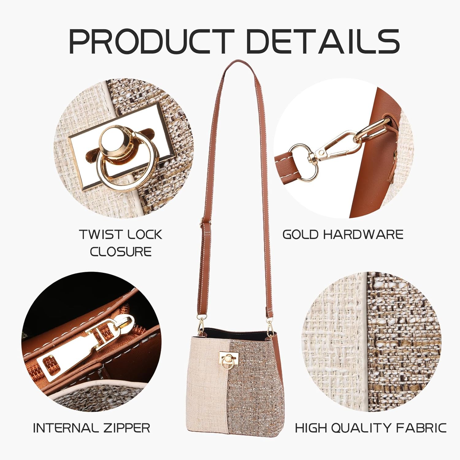 Borsa a tracolla in tessuto di alta qualità con chiusura a scatto, hardware dorato e cerniera interna. Design elegante e funzionale.