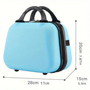 Valigia rigida azzurra, dimensioni compatte 28x20x15 cm, manici neri, ideale per viaggi, bagaglio a mano, design moderno e resistente.