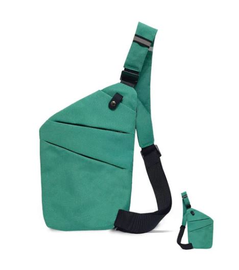 Zaino monospalla verde, design moderno e compatto, con cinghia regolabile nera. Ideale per viaggi, escursioni e uso quotidiano.