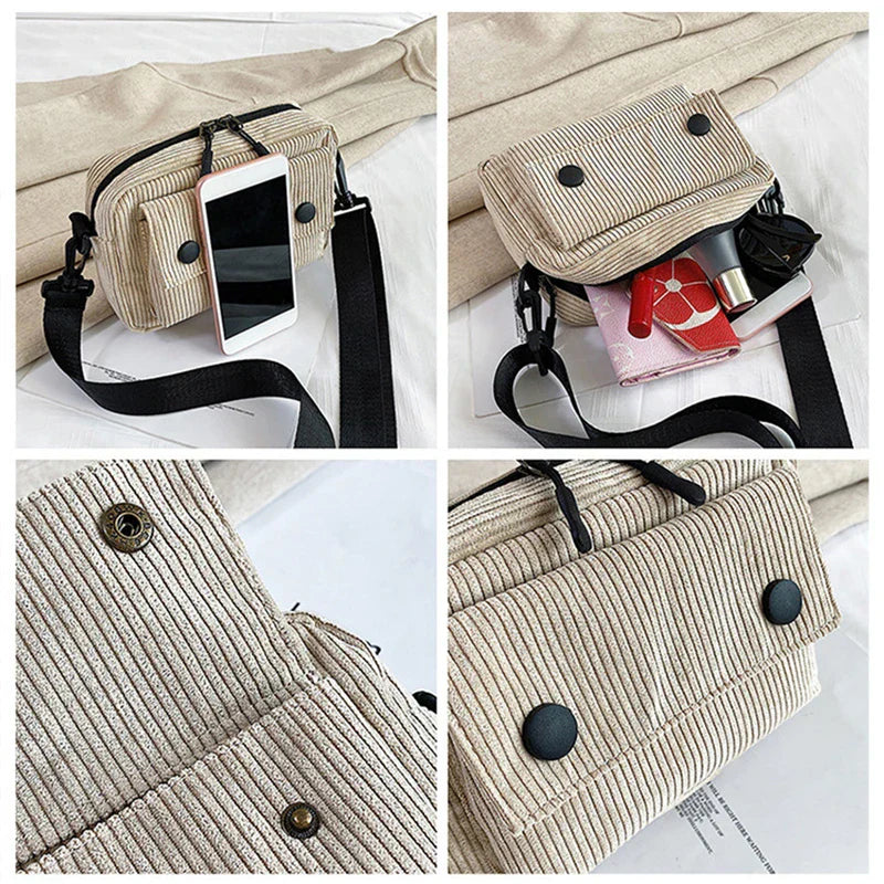 Borsa a tracolla beige in tessuto a coste, con tasche multiple, chiusura a bottone, spazio per smartphone e accessori. Design pratico e moderno.