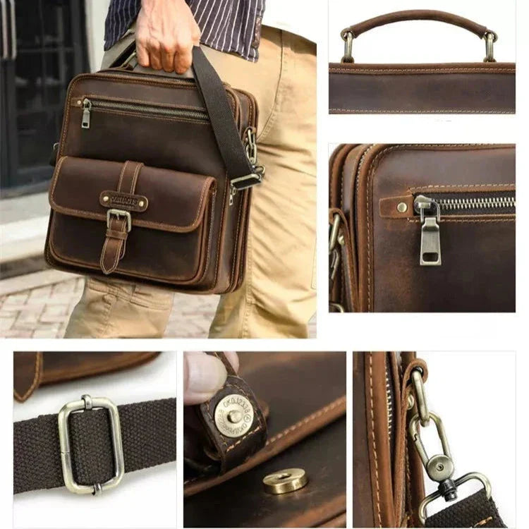 Borsa a tracolla in pelle marrone per uomo, con manico robusto, cerniere metalliche, fibbia regolabile e tasche multiple. Elegante e funzionale.