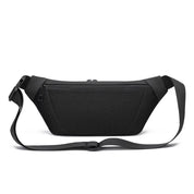 Marsupio nero unisex in tessuto resistente, con cerniera frontale e cintura regolabile. Ideale per viaggi, sport e uso quotidiano.