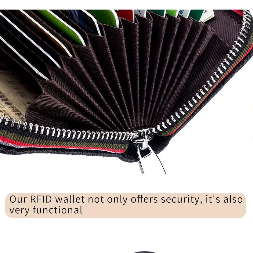 Portafoglio RFID nero aperto con cerniera, scomparti multipli per carte e banconote, design compatto e funzionale per sicurezza e organizzazione.