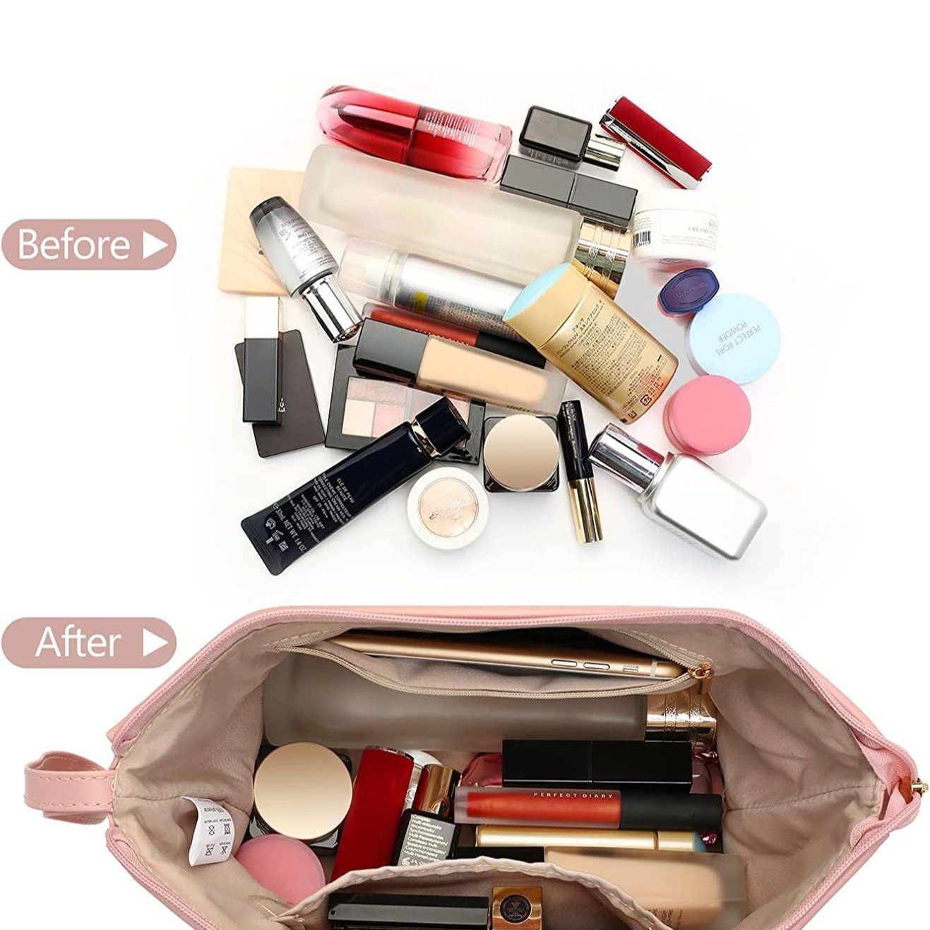 Borsa trucco organizzata con prodotti cosmetici: rossetti, fondotinta, ombretti. Immagine prima e dopo l'organizzazione. Accessori bellezza.