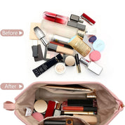Borsa trucco organizzata con prodotti cosmetici: rossetti, fondotinta, ombretti. Immagine prima e dopo l'organizzazione. Accessori bellezza.