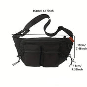 Marsupio nero con doppie tasche frontali, cerniere e cinturino regolabile. Dimensioni: 36x19x11 cm. Accessorio moda unisex, pratico e versatile.