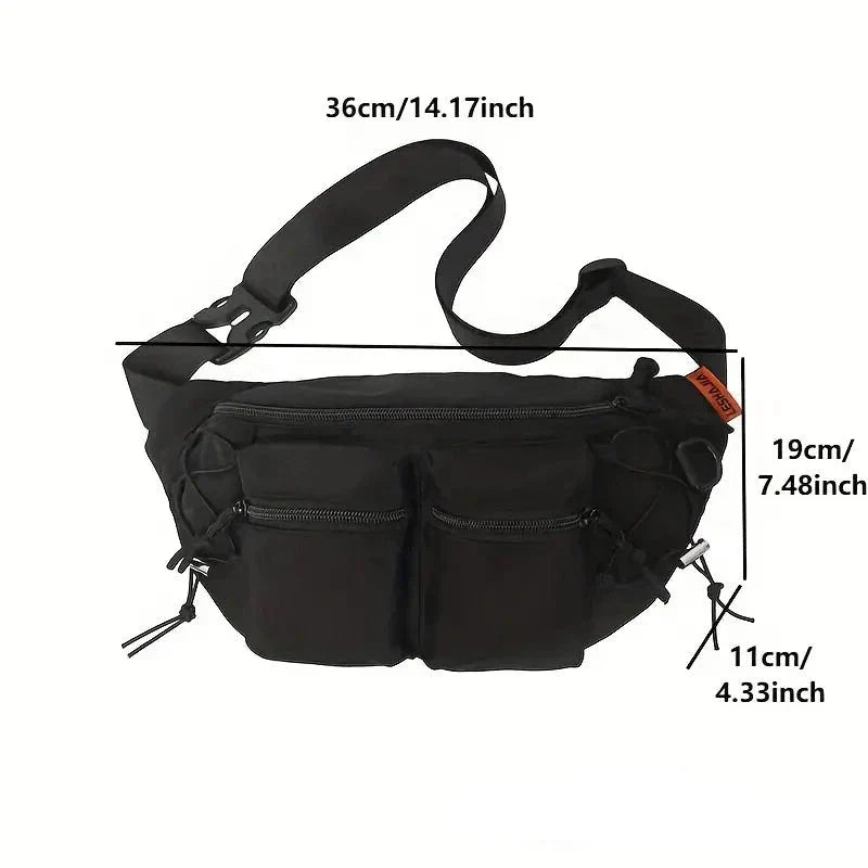 Marsupio nero con doppie tasche frontali, cerniere e cinturino regolabile. Dimensioni: 36x19x11 cm. Accessorio moda unisex, pratico e versatile.