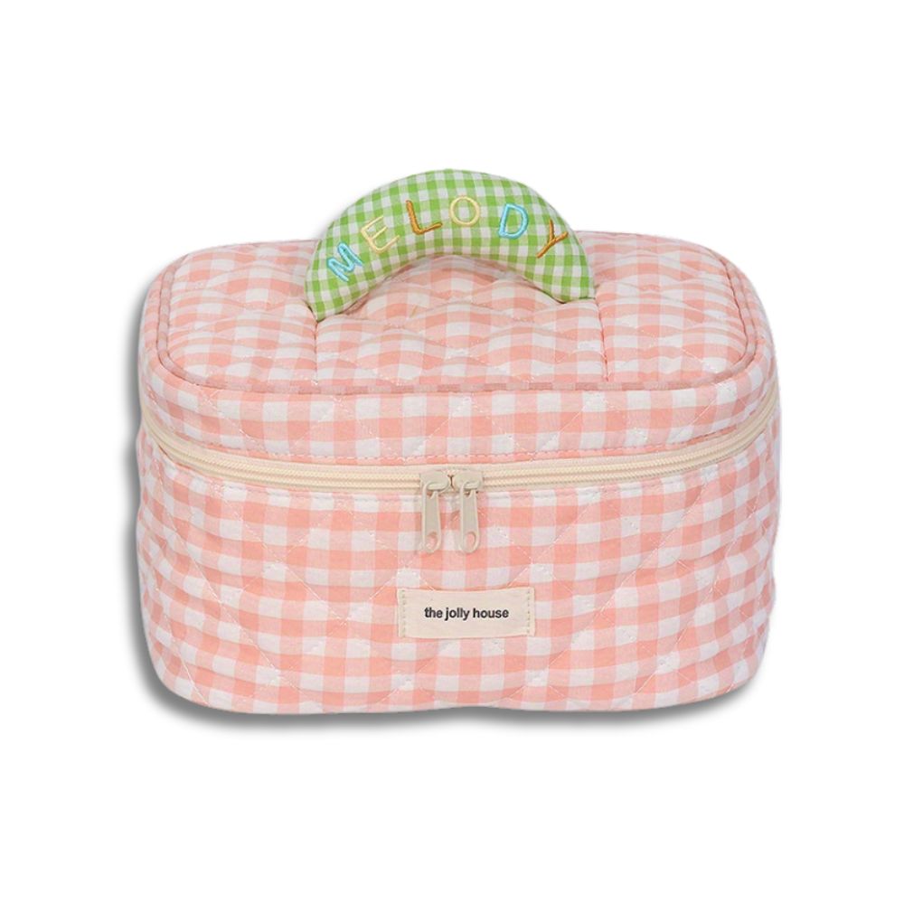Borsa termica rosa a quadretti con manico verde personalizzato "Melody", chiusura a zip, ideale per picnic e pranzo al sacco.