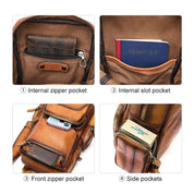 Zaino in pelle marrone con tasche multiple: tasca interna con zip, tasca interna a fessura, tasca frontale con zip, tasche laterali. Perfetto per viaggi.
