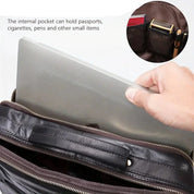 Borsa in pelle nera con tasca interna, adatta per laptop, passaporti, sigarette e penne. Ideale per viaggi e lavoro. Accessori organizzati.