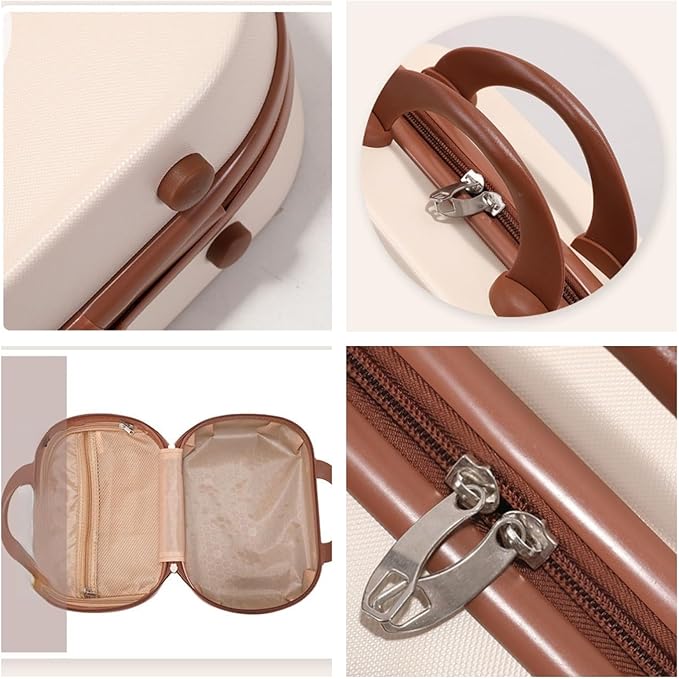 Valigia rigida beige con dettagli marroni, manico ergonomico, doppia cerniera robusta, interno spazioso con tasca a rete. Elegante e resistente.