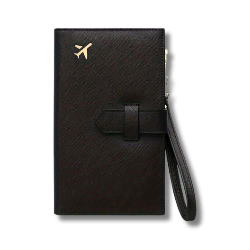 Portafoglio da viaggio nero in pelle con logo aereo dorato, cinturino da polso e chiusura a linguetta. Accessorio elegante e funzionale per viaggiatori.