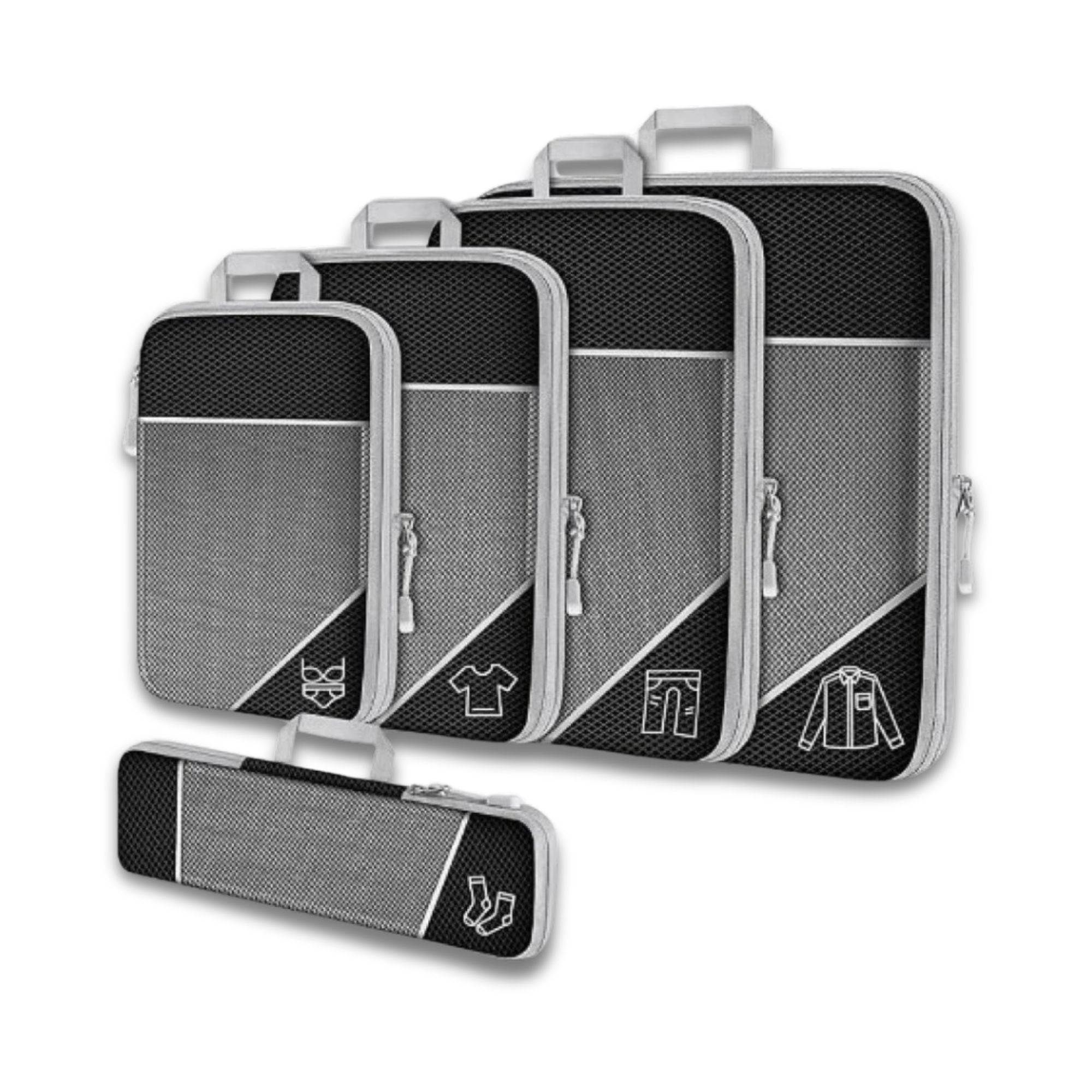 Set di organizer da viaggio in rete nera e grigia, 5 pezzi, con cerniere e icone per abbigliamento. Ideale per valigie, accessori viaggio.