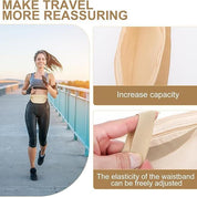 Donna che corre con marsupio beige, tasca espandibile, cintura regolabile. Accessorio sportivo per viaggi, fitness, corsa.