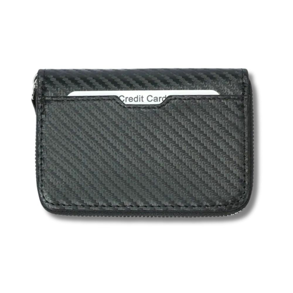 Portafoglio in fibra di carbonio nero, compatto e moderno, con tasca per carte di credito. Design elegante e resistente, ideale per uso quotidiano.